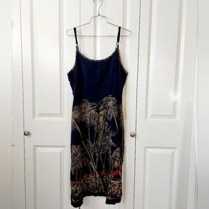 Navy Blue Silk Hawaiian Slip Dress Palm Trees size 18 Hilo Hattie Hawaii Cruise